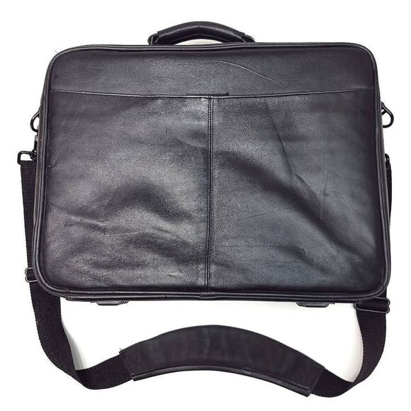 Port Black Leather Briefcase Messenger Bag Body Strap Luggage Travel Vintage - Picture 5 of 8